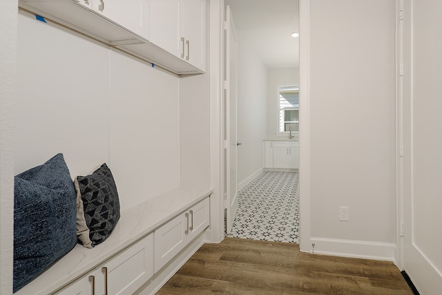 mudroom with dark hardwood / wood-style floors