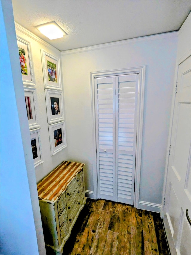 corridor featuring a textured ceiling, dark hardwood / wood-style floors, and ornamental molding