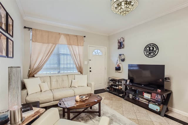 living room featuring an inviting chandelier and ornamental molding