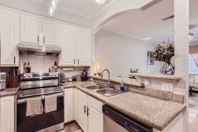 kitchen with ornamental molding, stainless steel appliances, white cabinetry, and sink