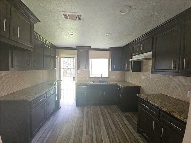 kitchen with backsplash, dark hardwood / wood-style flooring, a textured ceiling, ornamental molding, and sink