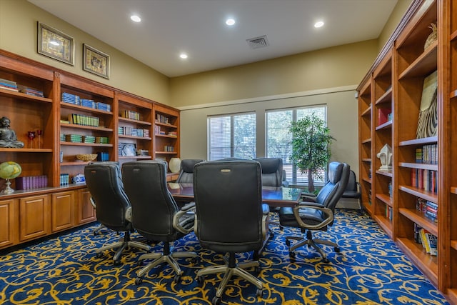 office with dark colored carpet