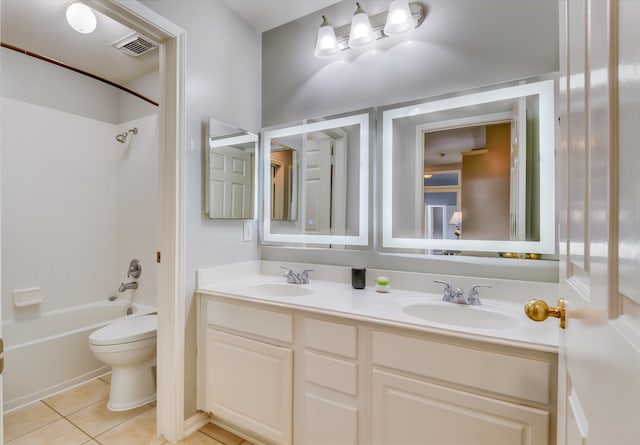 full bathroom featuring vanity, toilet, tile patterned flooring, and tub / shower combination