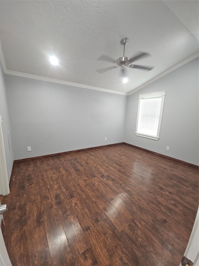 unfurnished room featuring a textured ceiling, ceiling fan, dark wood-type flooring, and crown molding