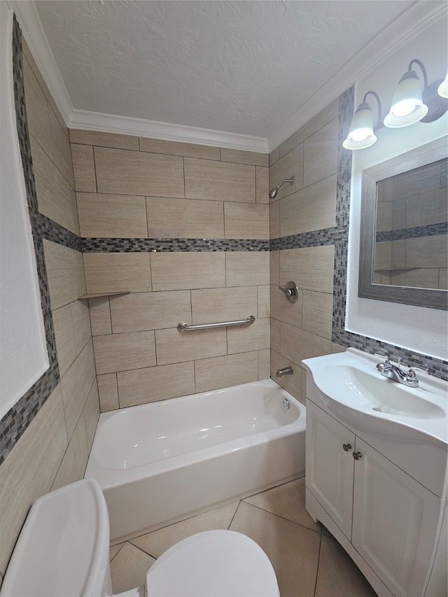 full bathroom featuring a textured ceiling, vanity, toilet, and tiled shower / bath