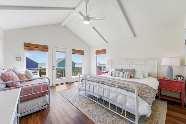 bedroom featuring access to outside, lofted ceiling with beams, hardwood / wood-style floors, and ceiling fan