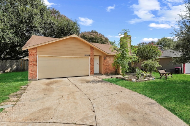 ranch-style house with a garage and a front lawn