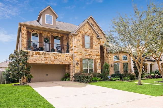 view of front of home with a garage and a front lawn