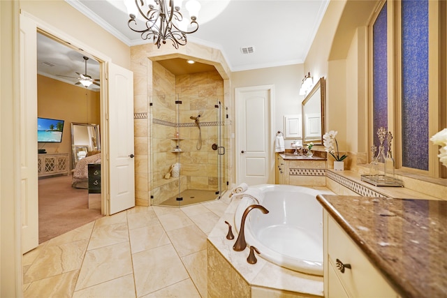 bathroom featuring plus walk in shower, ornamental molding, ceiling fan with notable chandelier, and vanity