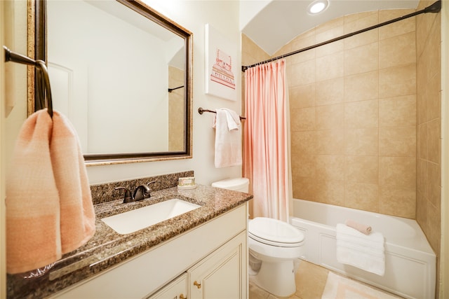 full bathroom with shower / bath combination with curtain, vanity, tile patterned flooring, and toilet