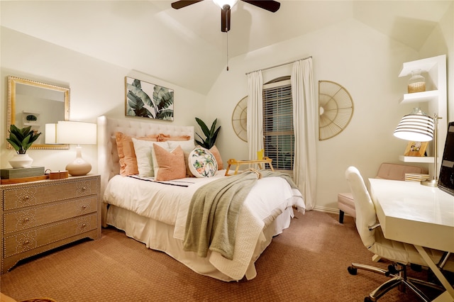 carpeted bedroom featuring vaulted ceiling and ceiling fan