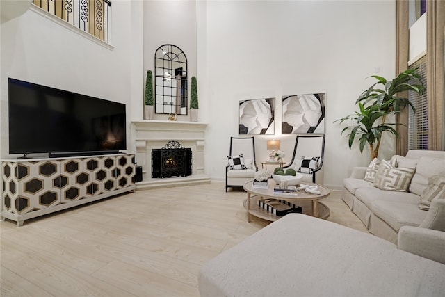 living room featuring a towering ceiling and hardwood / wood-style floors