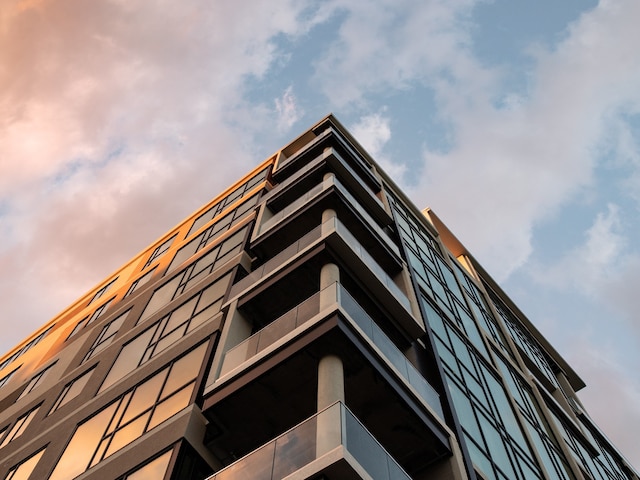 view of outdoor building at dusk