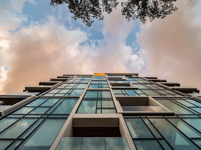 view of outdoor building at dusk