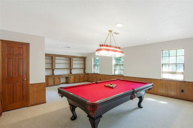 game room with wood walls, light carpet, and billiards