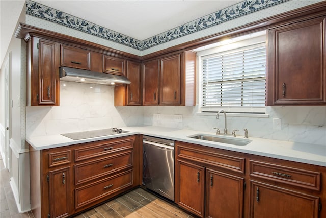 kitchen featuring black electric stovetop, sink, stainless steel dishwasher, hardwood / wood-style flooring, and tasteful backsplash