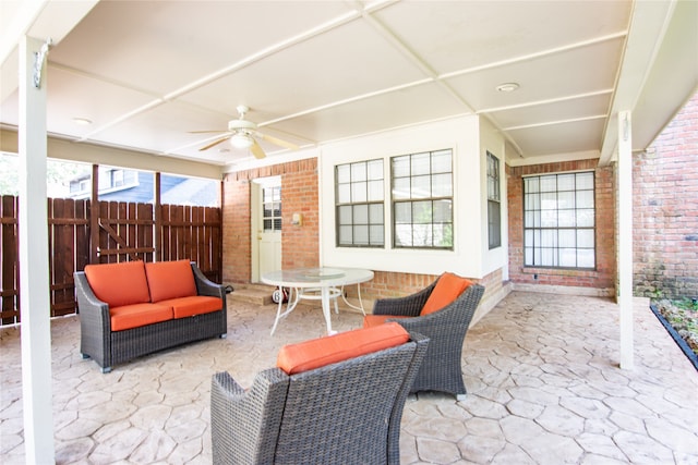 view of patio featuring ceiling fan and an outdoor hangout area