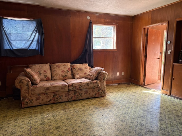 living room with a textured ceiling and wood walls