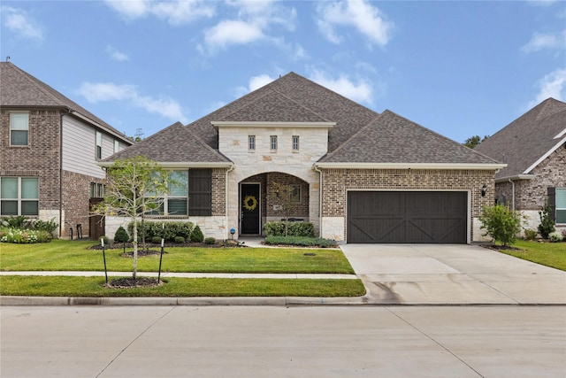 french provincial home with stone siding, a front lawn, roof with shingles, and concrete driveway