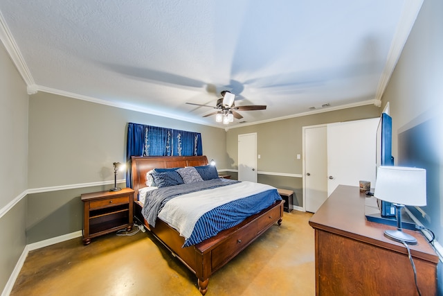 bedroom featuring ornamental molding, ceiling fan, and a textured ceiling