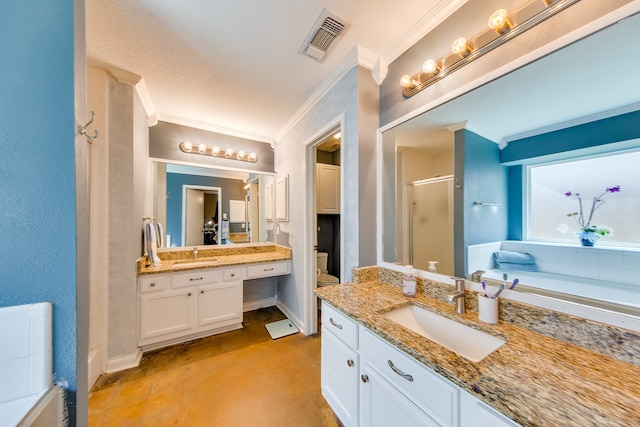 full bathroom with vanity, plus walk in shower, ornamental molding, and toilet