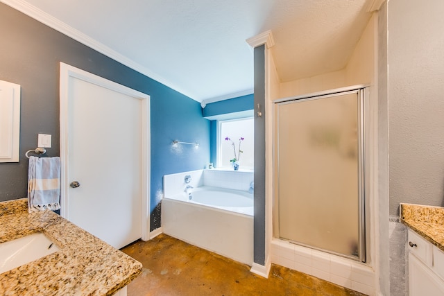 bathroom featuring vanity, shower with separate bathtub, and crown molding