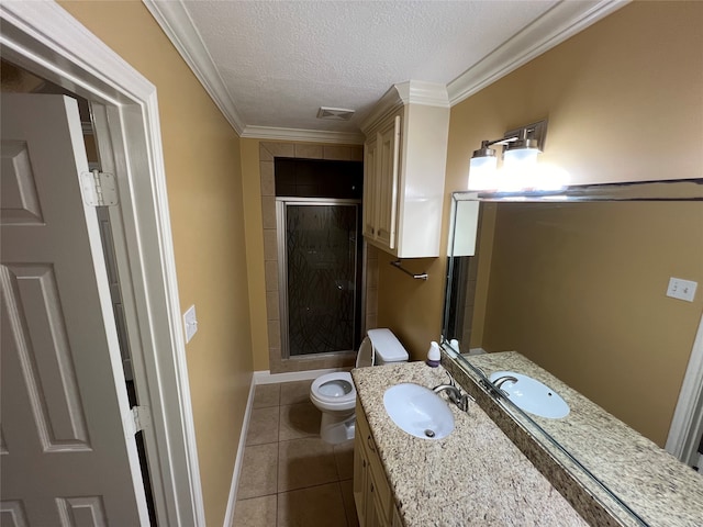 bathroom featuring crown molding, vanity, toilet, and an enclosed shower