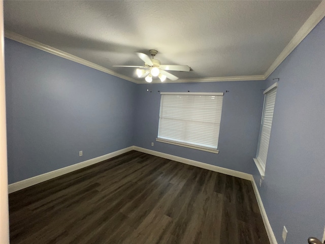 unfurnished room featuring a textured ceiling, ceiling fan, crown molding, and dark hardwood / wood-style flooring