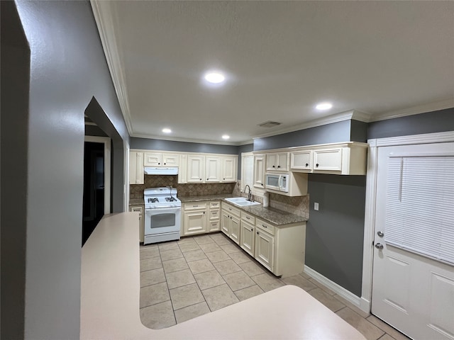 kitchen with light tile patterned flooring, tasteful backsplash, sink, white appliances, and ornamental molding