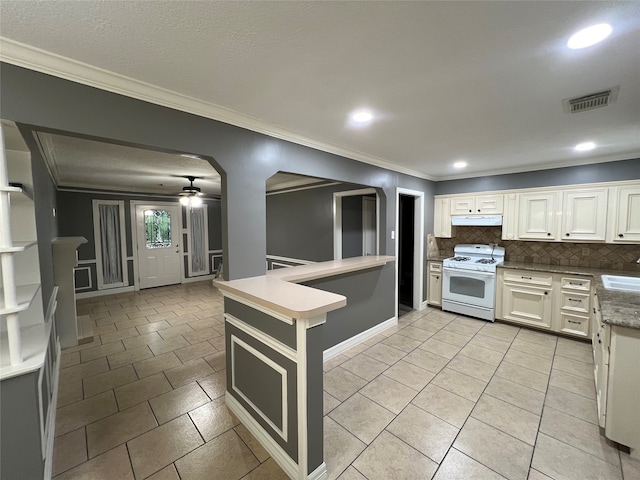 kitchen with backsplash, white range, crown molding, ceiling fan, and sink