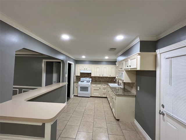 kitchen featuring light tile patterned flooring, backsplash, white appliances, crown molding, and sink