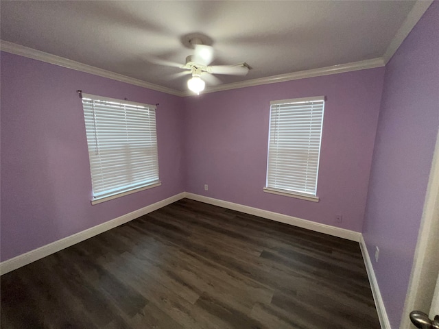 unfurnished room featuring ceiling fan, crown molding, and dark hardwood / wood-style flooring