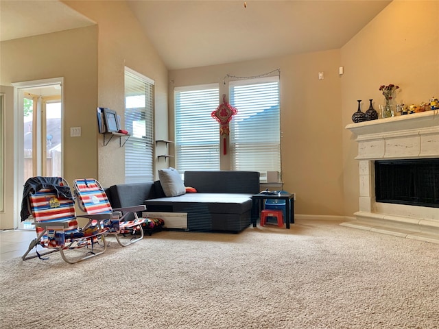 living room with carpet and lofted ceiling