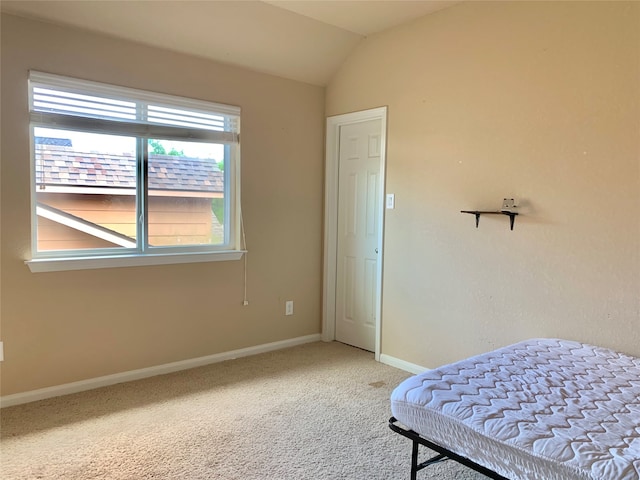 carpeted bedroom with lofted ceiling