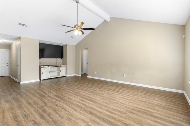 unfurnished living room with high vaulted ceiling, beam ceiling, ceiling fan, and hardwood / wood-style flooring