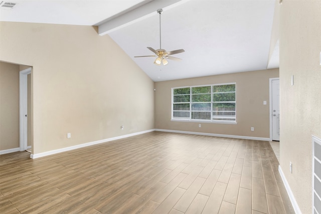 empty room featuring high vaulted ceiling, beam ceiling, ceiling fan, and light hardwood / wood-style flooring