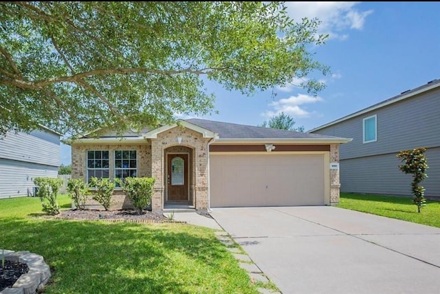 ranch-style home with a garage and a front lawn