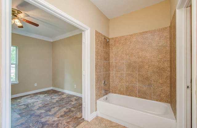 bathroom with ornamental molding, ceiling fan, and tiled shower / bath