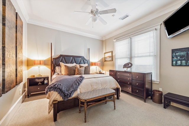 bedroom featuring ceiling fan, light colored carpet, and ornamental molding