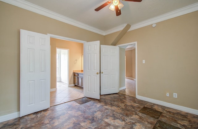 unfurnished bedroom featuring connected bathroom, ornamental molding, and ceiling fan