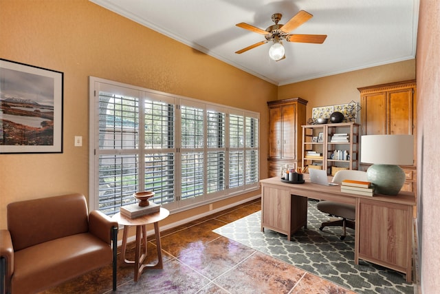 tiled office with crown molding and ceiling fan