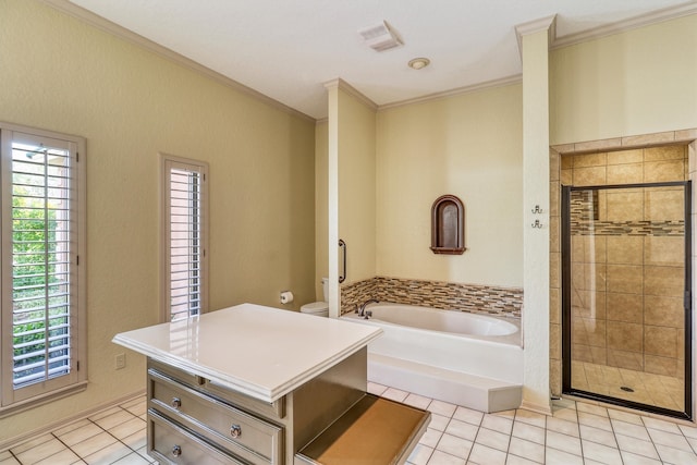 full bathroom featuring tile patterned floors, toilet, separate shower and tub, ornamental molding, and vanity