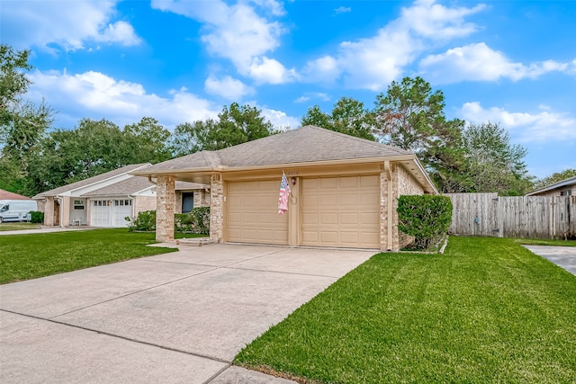 single story home with a front lawn and a garage