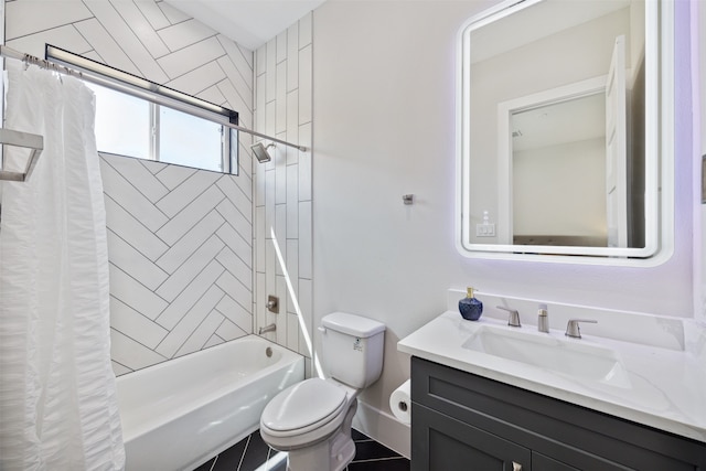 full bathroom featuring shower / bath combination with curtain, tile patterned floors, vanity, and toilet