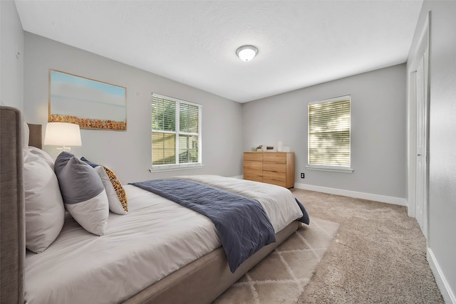 bedroom with light colored carpet, a textured ceiling, and multiple windows