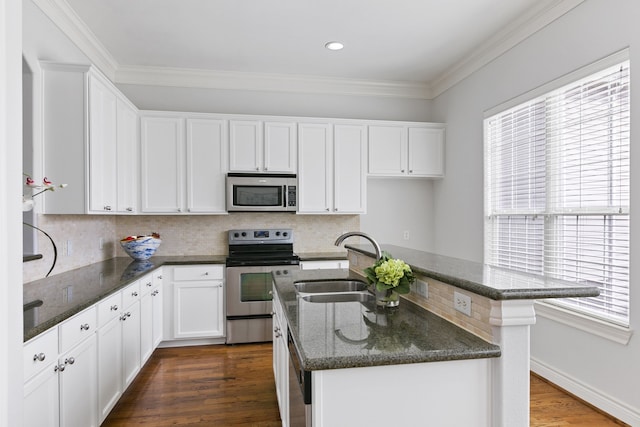 kitchen with a kitchen island with sink, appliances with stainless steel finishes, and a wealth of natural light