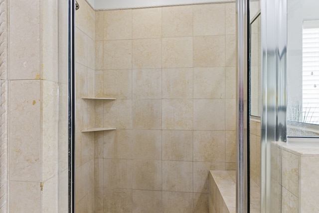 bathroom with a shower with shower door