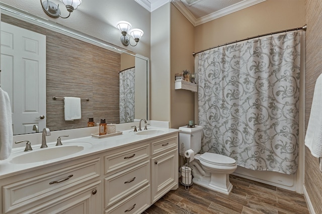 full bathroom featuring vanity, crown molding, wood-type flooring, shower / bathtub combination with curtain, and toilet