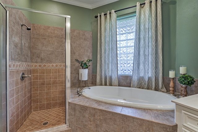 bathroom featuring shower with separate bathtub, ornamental molding, and a healthy amount of sunlight