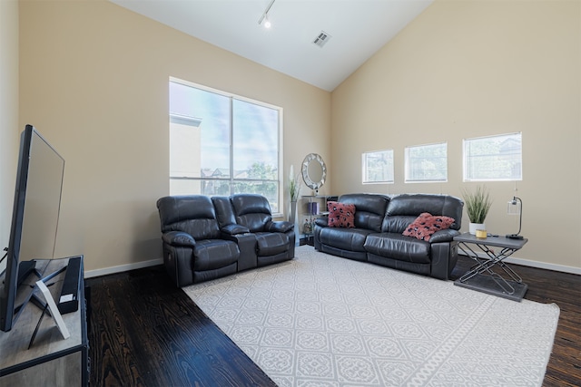 living room featuring hardwood / wood-style floors and high vaulted ceiling